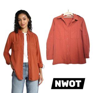 IVIVI Women's Burnt Orange/Rust Button Down Double Pocketed Long Sleeve Shirt, S